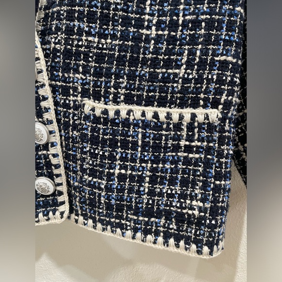 Veronica Beard Navy and White Tweed Embroidered Button Up Blazer Size 6 - Picture 6 of 13